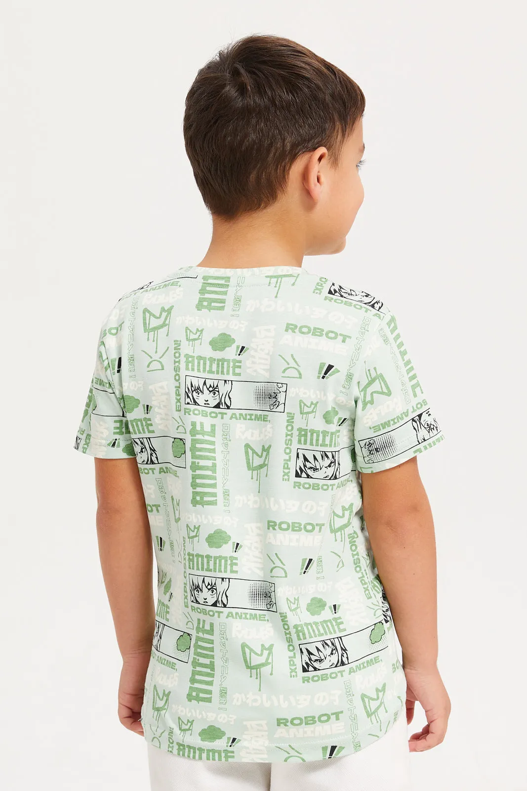Boys Mint And White Anime Over Printed T-Shirt Set (Pack Of 2)