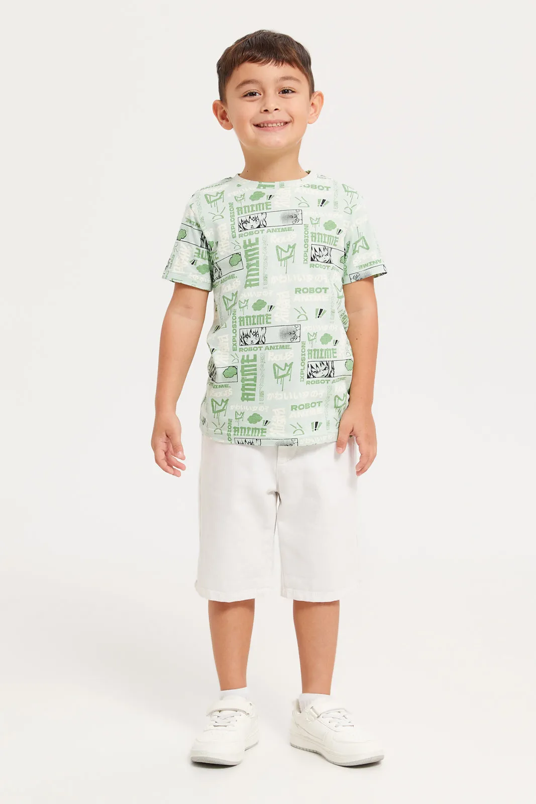 Boys Mint And White Anime Over Printed T-Shirt Set (Pack Of 2)