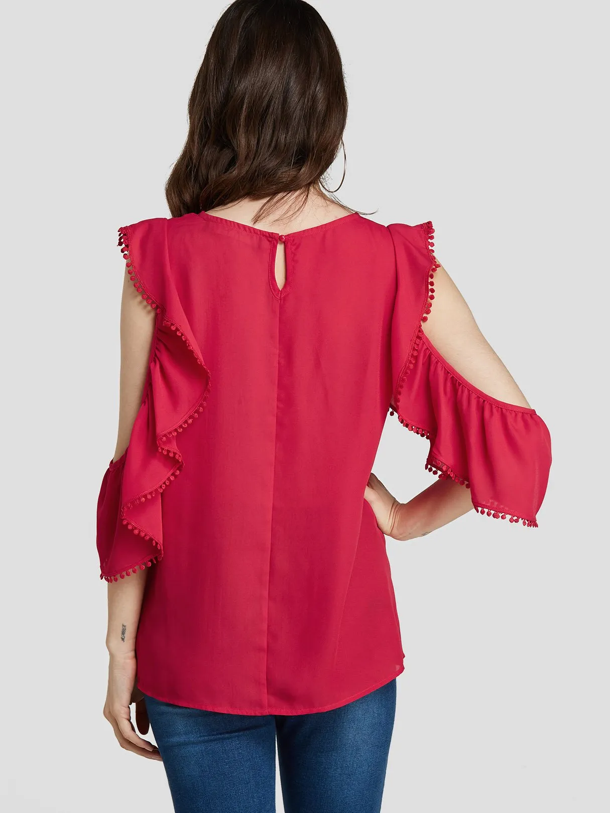 Custom Round Neck Cut Out Short Sleeve Red Blouses