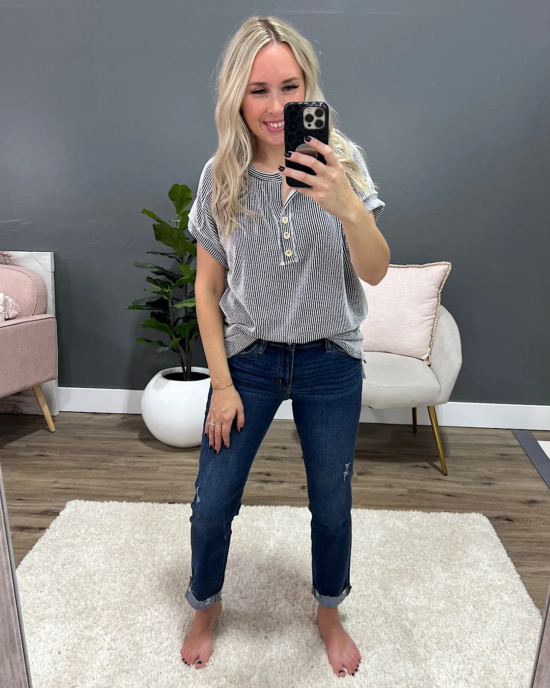 Erica Corded Henley Top - Black