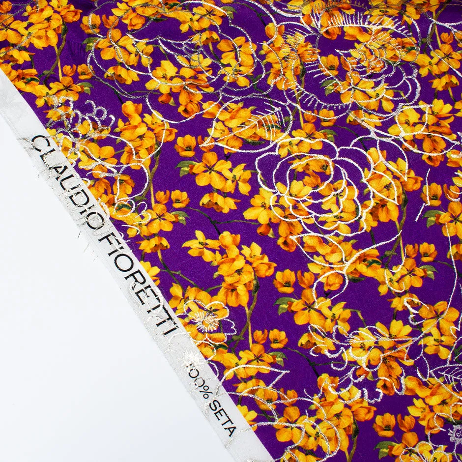 Pretty Orange Floral Printed Purple Silk Metallic Jacquard