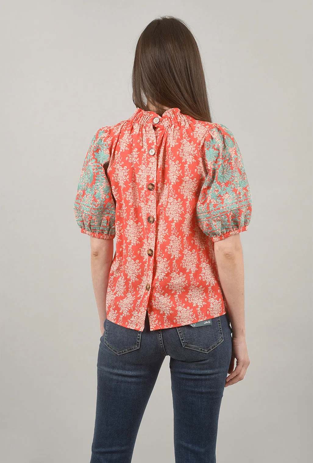 Puff-Sleeve Embroidered Top, Coral