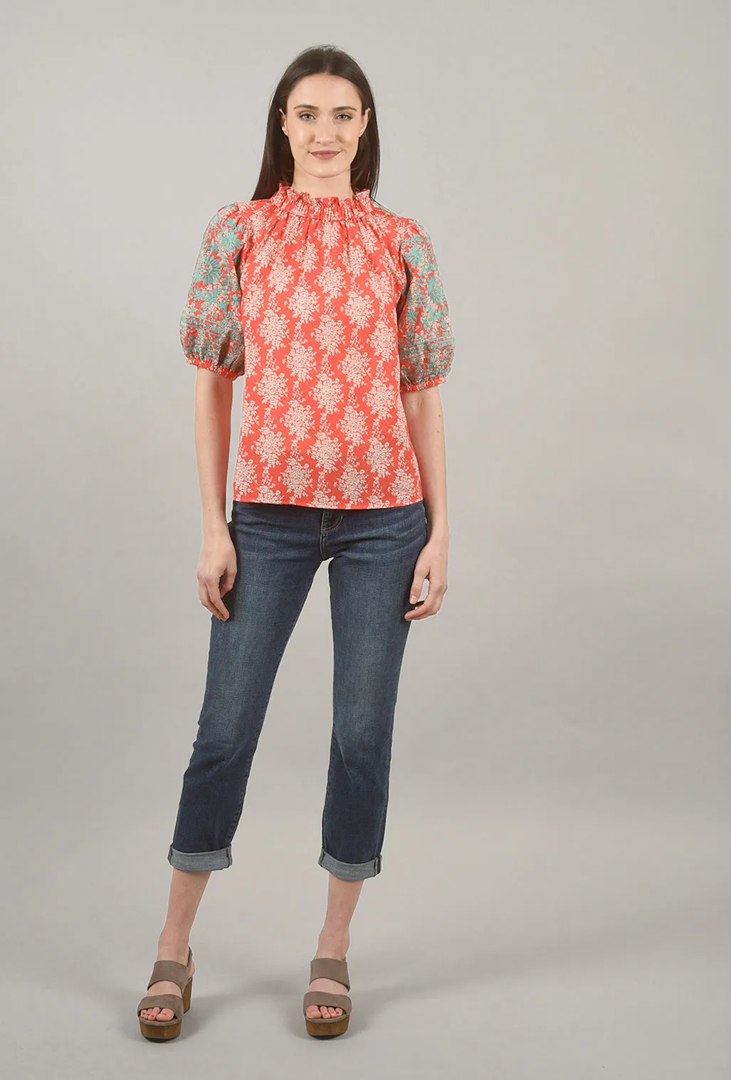 Puff-Sleeve Embroidered Top, Coral