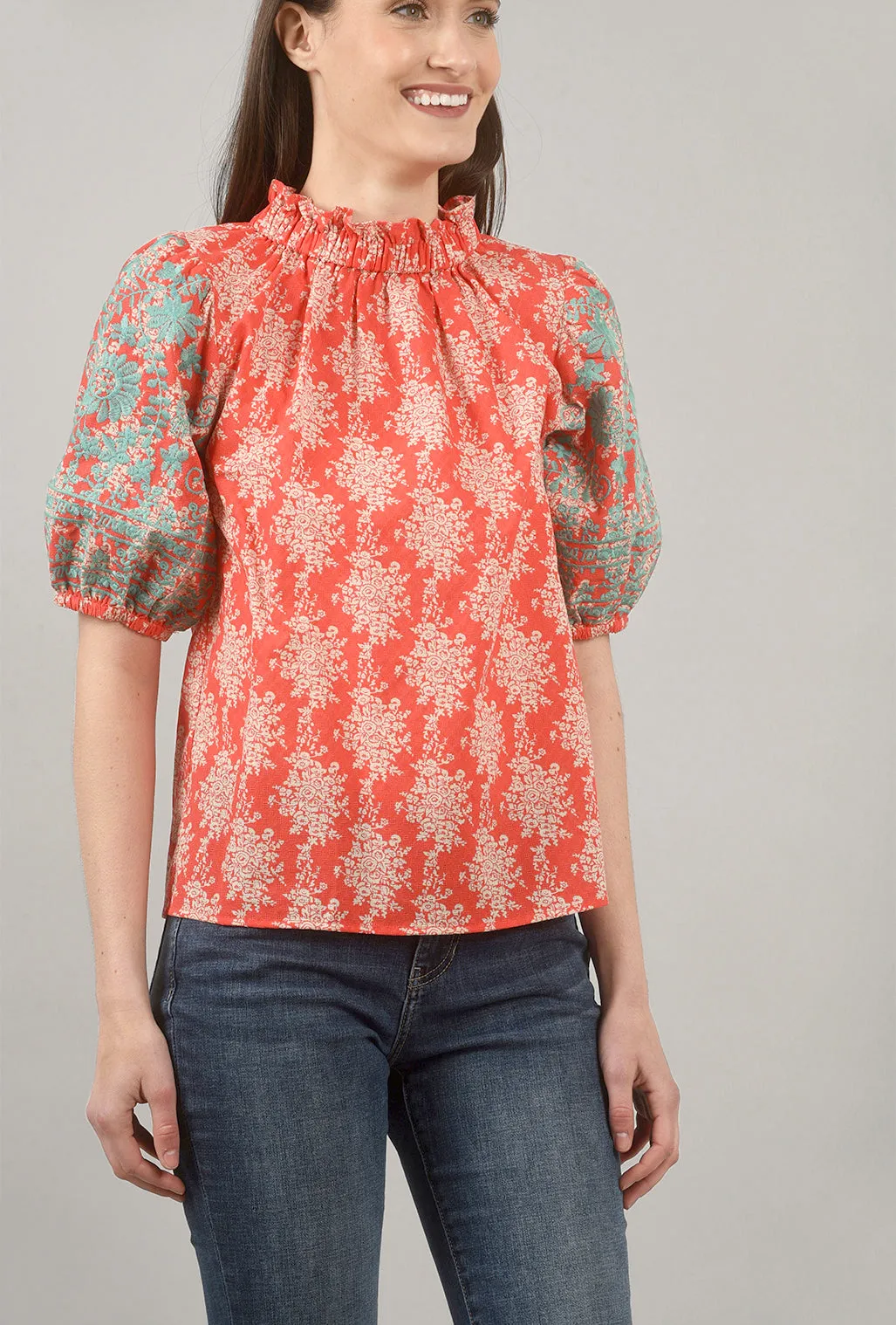 Puff-Sleeve Embroidered Top, Coral