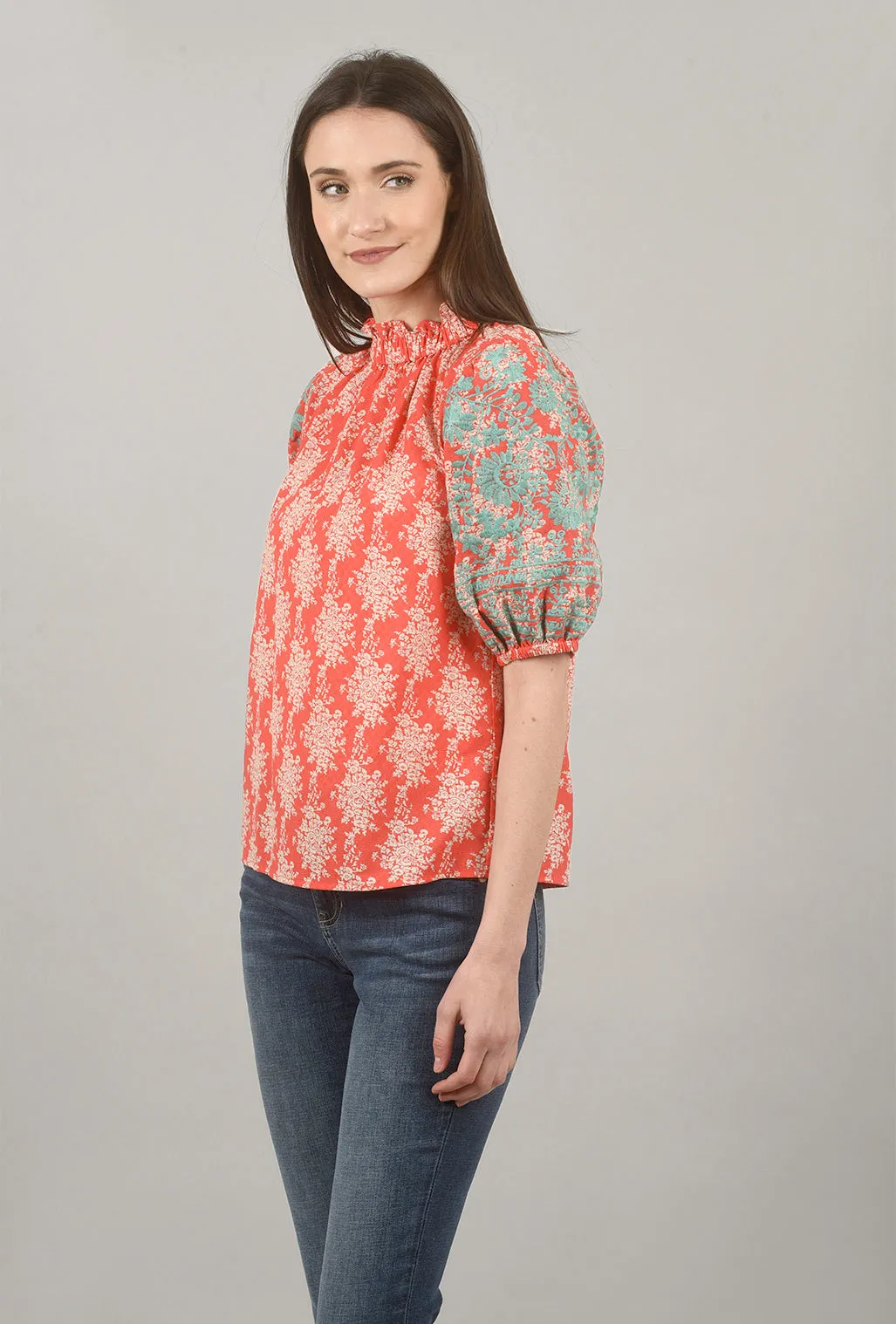 Puff-Sleeve Embroidered Top, Coral